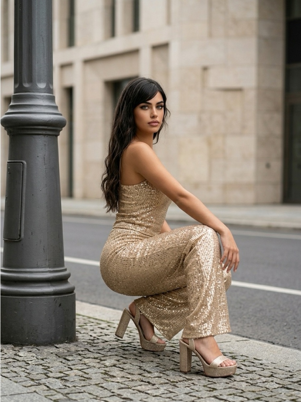 Gold glitter platform stack heels